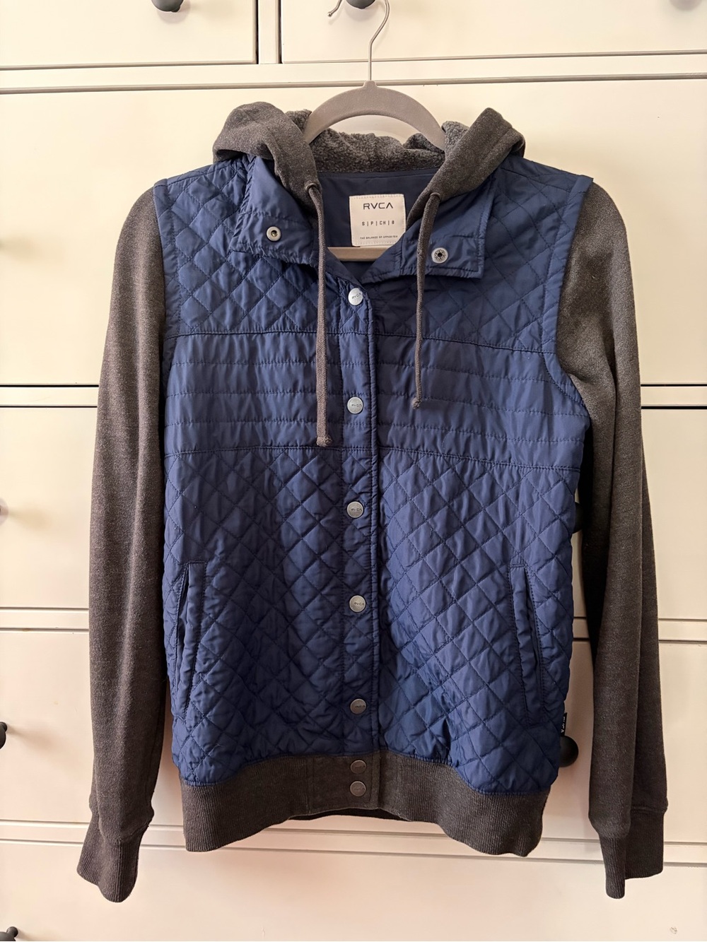 RVCA Navy Quilted Vest Hoodie with Gray Fleece Sleeves
